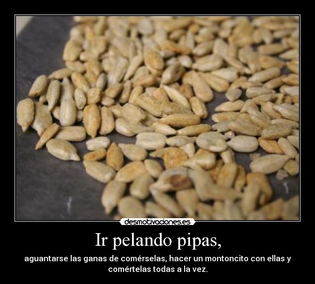 Ir pelando pipas, - aguantarse las ganas de comérselas, hacer un montoncito con ellas y
comértelas todas a la vez.