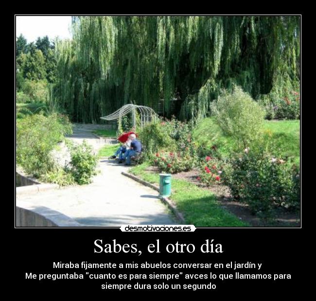 Sabes, el otro día - Miraba fijamente a mis abuelos conversar en el jardín y 
Me preguntaba cuanto es para siempre avces lo que llamamos para
siempre dura solo un segundo