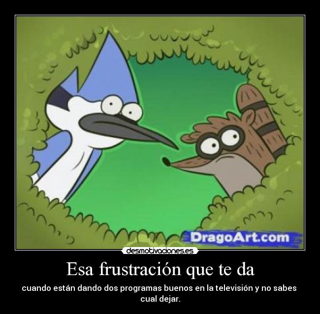 Esa frustración que te da - cuando están dando dos programas buenos en la televisión y no sabes
cual dejar.