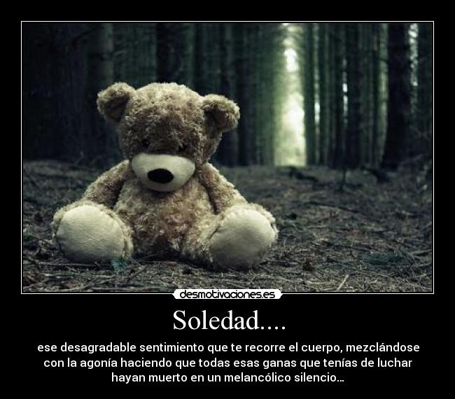 Soledad.... - ese desagradable sentimiento que te recorre el cuerpo, mezclándose
con la agonía haciendo que todas esas ganas que tenías de luchar
hayan muerto en un melancólico silencio…