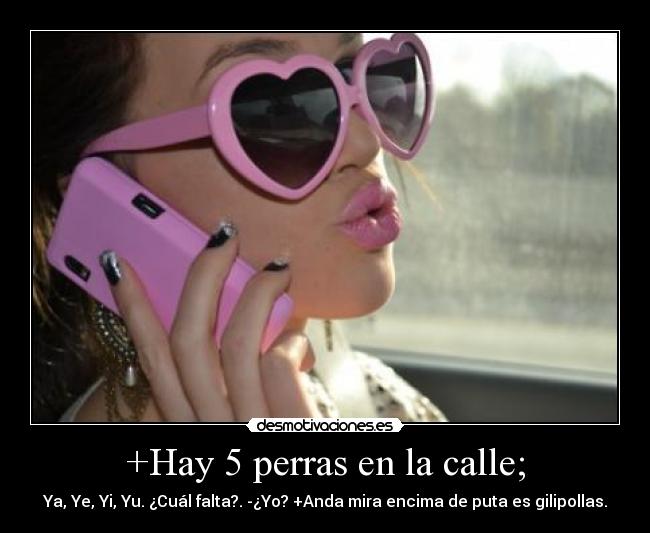 +Hay 5 perras en la calle; - Ya, Ye, Yi, Yu. ¿Cuál falta?. -¿Yo? +Anda mira encima de puta es gilipollas.