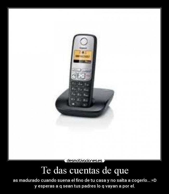 Te das cuentas de que - as madurado cuando suena el fino de tu casa y no salta a cogerlo... =D
y esperas a q sean tus padres lo q vayan a por el.