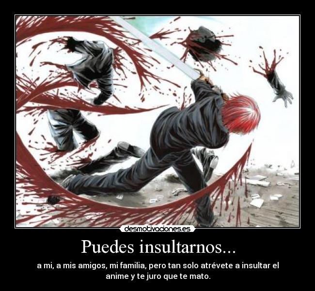 Puedes insultarnos... - a mi, a mis amigos, mi familia, pero tan solo atrévete a insultar el
anime y te juro que te mato.