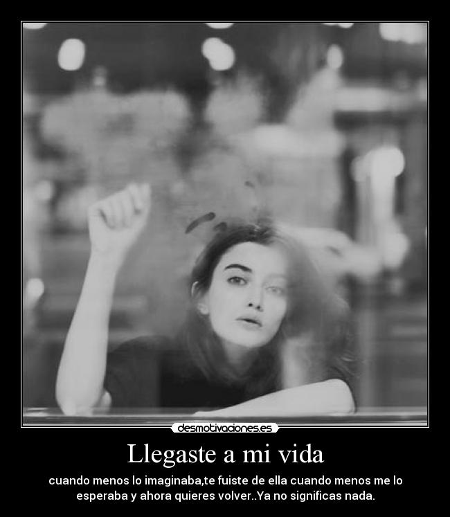 Llegaste a mi vida - cuando menos lo imaginaba,te fuiste de ella cuando menos me lo
esperaba y ahora quieres volver..Ya no significas nada.
