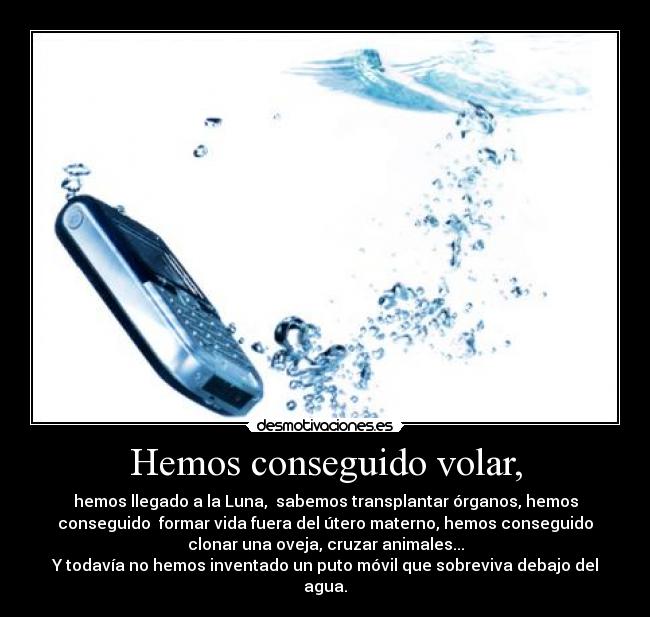 Hemos conseguido volar, - hemos llegado a la Luna,  sabemos transplantar órganos, hemos
conseguido  formar vida fuera del útero materno, hemos conseguido
clonar una oveja, cruzar animales...
Y todavía no hemos inventado un puto móvil que sobreviva debajo del
agua.