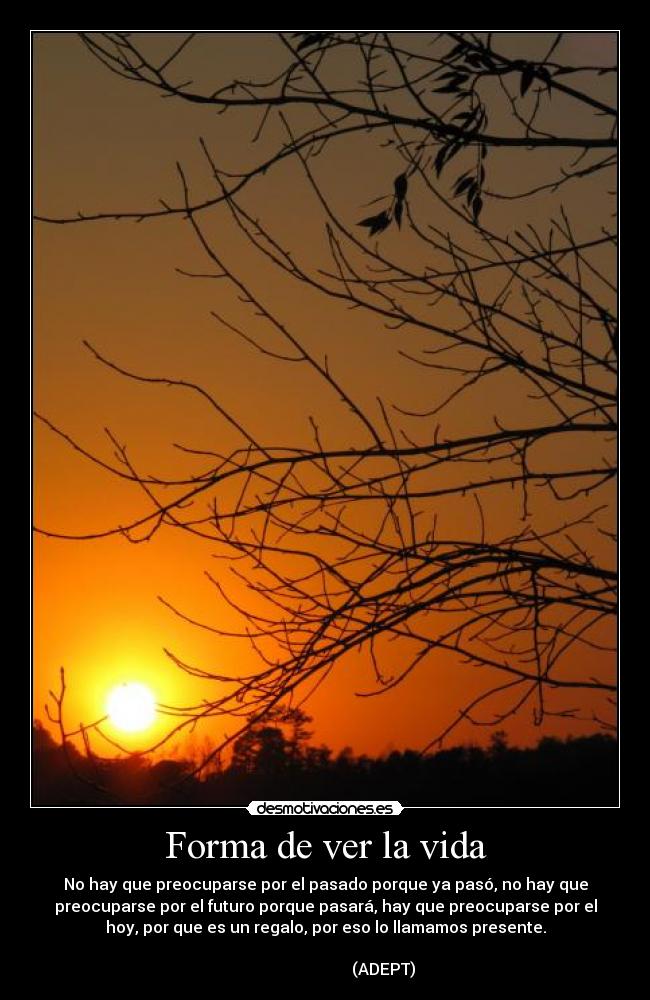 Forma de ver la vida - No hay que preocuparse por el pasado porque ya pasó, no hay que
preocuparse por el futuro porque pasará, hay que preocuparse por el
hoy, por que es un regalo, por eso lo llamamos presente.
                                                                      
                             (ADEPT)