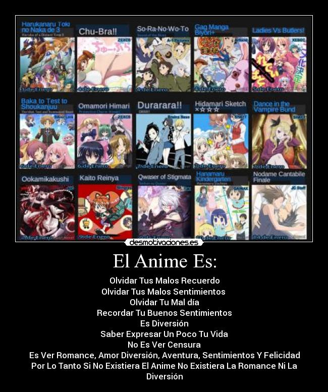 El Anime Es: - Olvidar Tus Malos Recuerdo
Olvidar Tus Malos Sentimientos 
Olvidar Tu Mal día
Recordar Tu Buenos Sentimientos
Es Diversión
Saber Expresar Un Poco Tu Vida
No Es Ver Censura
Es Ver Romance, Amor Diversión, Aventura, Sentimientos Y Felicidad
Por Lo Tanto Si No Existiera El Anime No Existiera La Romance Ni La Diversión