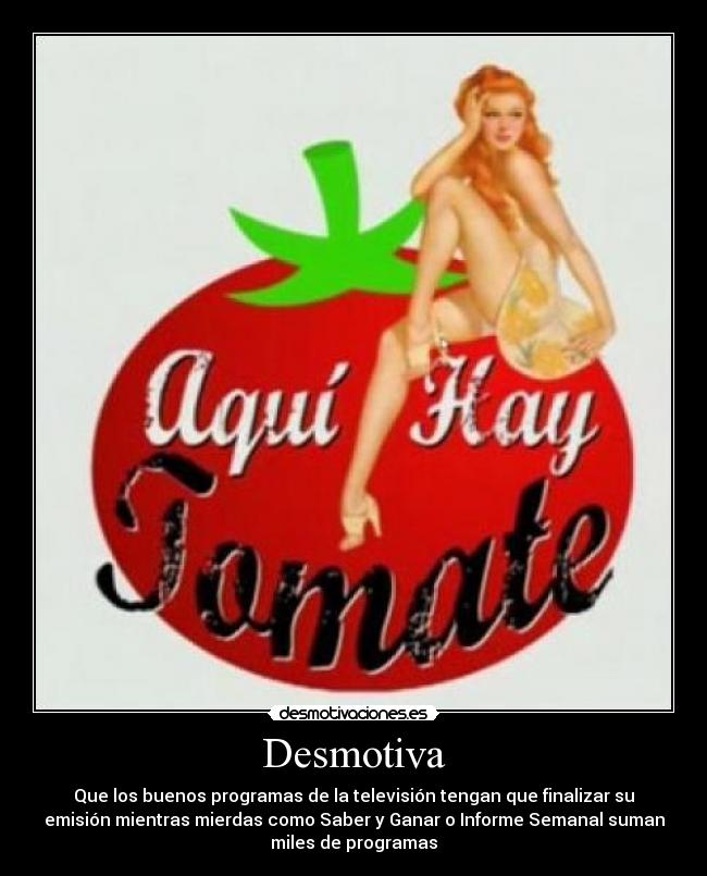 Desmotiva - Que los buenos programas de la televisión tengan que finalizar su
emisión mientras mierdas como Saber y Ganar o Informe Semanal suman
miles de programas