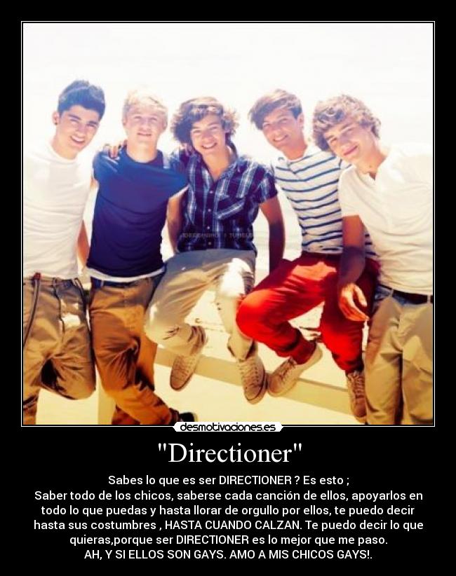 Directioner - Sabes lo que es ser DIRECTIONER ? Es esto ;
Saber todo de los chicos, saberse cada canción de ellos, apoyarlos en
todo lo que puedas y hasta llorar de orgullo por ellos, te puedo decir
hasta sus costumbres , HASTA CUANDO CALZAN. Te puedo decir lo que
quieras,porque ser DIRECTIONER es lo mejor que me paso.
AH, Y SI ELLOS SON GAYS. AMO A MIS CHICOS GAYS!.