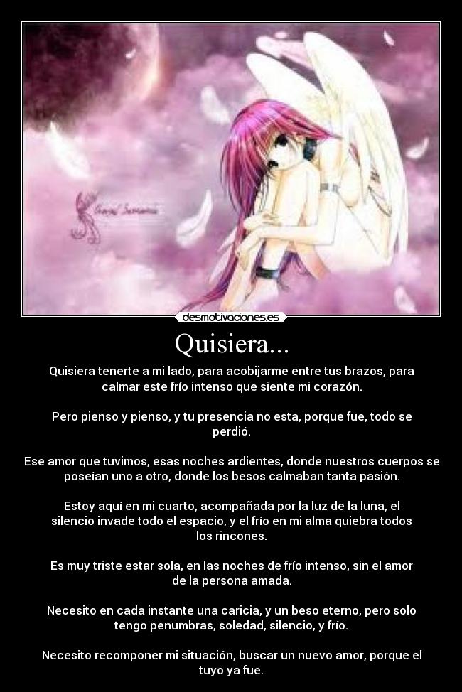 Quisiera... - Quisiera tenerte a mi lado, para acobijarme entre tus brazos, para
calmar este frío intenso que siente mi corazón.
Pero pienso y pienso, y tu presencia no esta, porque fue, todo se
perdió.
Ese amor que tuvimos, esas noches ardientes, donde nuestros cuerpos se
poseían uno a otro, donde los besos calmaban tanta pasión.
Estoy aquí en mi cuarto, acompañada por la luz de la luna, el
silencio invade todo el espacio, y el frío en mi alma quiebra todos
los rincones.
Es muy triste estar sola, en las noches de frío intenso, sin el amor
de la persona amada.
Necesito en cada instante una caricia, y un beso eterno, pero solo
tengo penumbras, soledad, silencio, y frío.
Necesito recomponer mi situación, buscar un nuevo amor, porque el
tuyo ya fue.