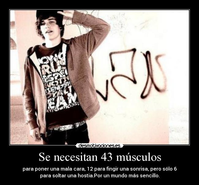 Se necesitan 43 músculos - para poner una mala cara, 12 para fingir una sonrisa, pero sólo 6
para soltar una hostia.Por un mundo más sencillo.