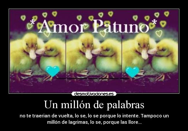 Un millón de palabras - no te traerian de vuelta, lo se, lo se porque lo intente. Tampoco un
millón de lagrimas, lo se, porque las llore...