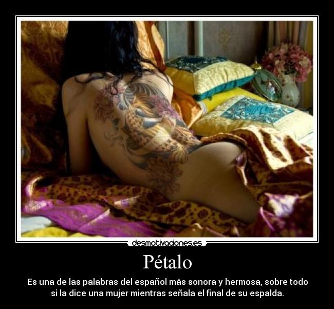 Pétalo - Es una de las palabras del español más sonora y hermosa, sobre todo
si la dice una mujer mientras señala el final de su espalda.
