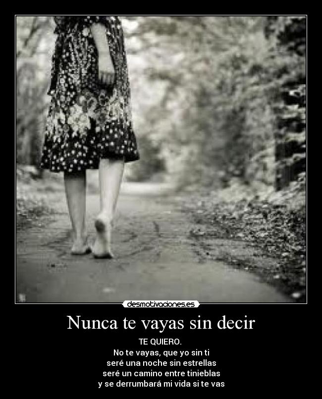 Nunca te vayas sin decir - TE QUIERO. 
No te vayas, que yo sin ti
seré una noche sin estrellas
seré un camino entre tinieblas
y se derrumbará mi vida si te vas