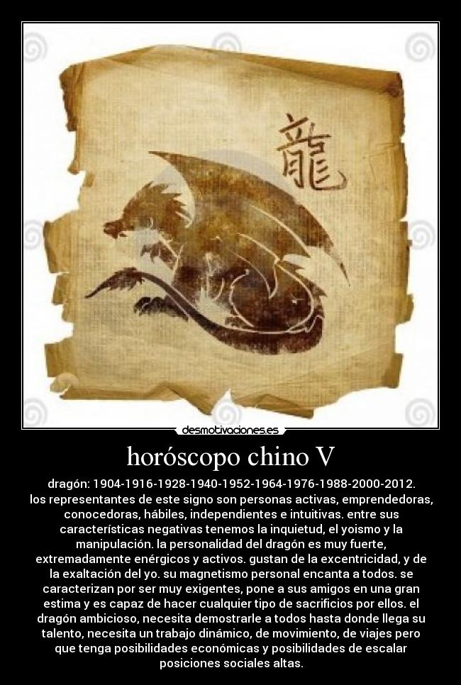 horóscopo chino V - dragón: 1904-1916-1928-1940-1952-1964-1976-1988-2000-2012.
los representantes de este signo son personas activas, emprendedoras,
conocedoras, hábiles, independientes e intuitivas. entre sus
características negativas tenemos la inquietud, el yoismo y la
manipulación. la personalidad del dragón es muy fuerte,
extremadamente enérgicos y activos. gustan de la excentricidad, y de
la exaltación del yo. su magnetismo personal encanta a todos. se
caracterizan por ser muy exigentes, pone a sus amigos en una gran
estima y es capaz de hacer cualquier tipo de sacrificios por ellos. el
dragón ambicioso, necesita demostrarle a todos hasta donde llega su
talento, necesita un trabajo dinámico, de movimiento, de viajes pero
que tenga posibilidades económicas y posibilidades de escalar
posiciones sociales altas.