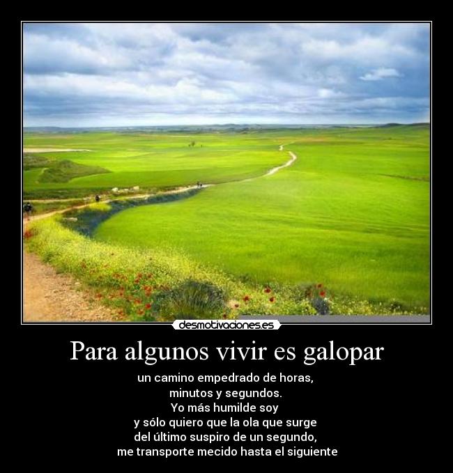 Para algunos vivir es galopar - un camino empedrado de horas, 
minutos y segundos. 
Yo más humilde soy 
y sólo quiero que la ola que surge 
del último suspiro de un segundo, 
me transporte mecido hasta el siguiente
