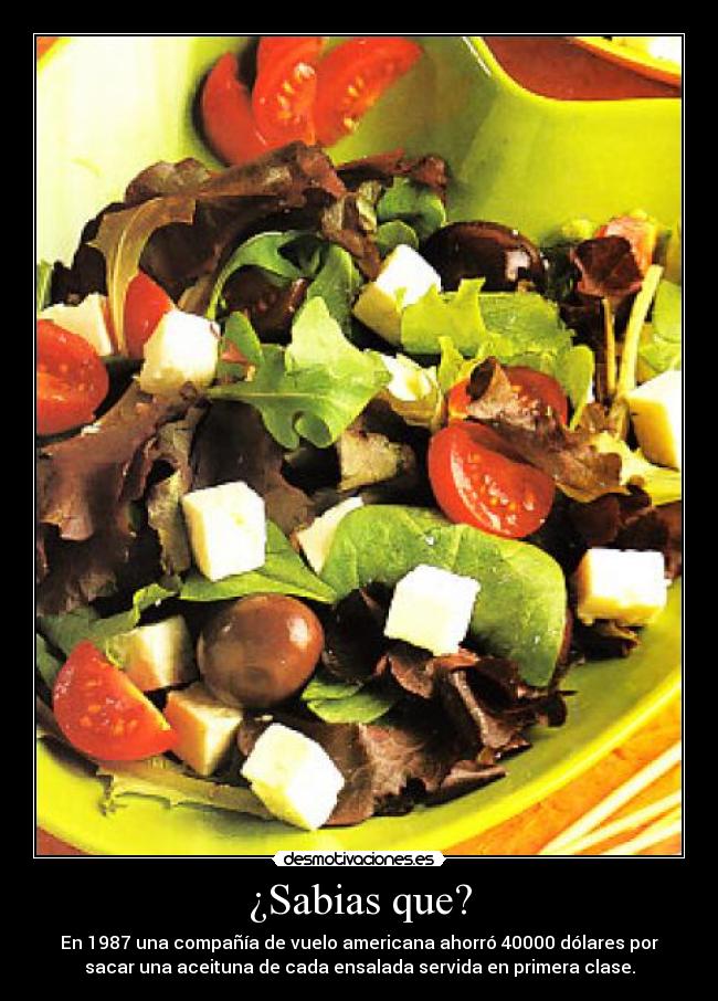 ¿Sabias que? - En 1987 una compañía de vuelo americana ahorró 40000 dólares por
sacar una aceituna de cada ensalada servida en primera clase.