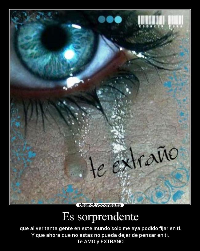 Es sorprendente - que al ver tanta gente en este mundo solo me aya podido fijar en ti.
Y que ahora que no estas no pueda dejar de pensar en ti.
Te AMO y EXTRAÑO