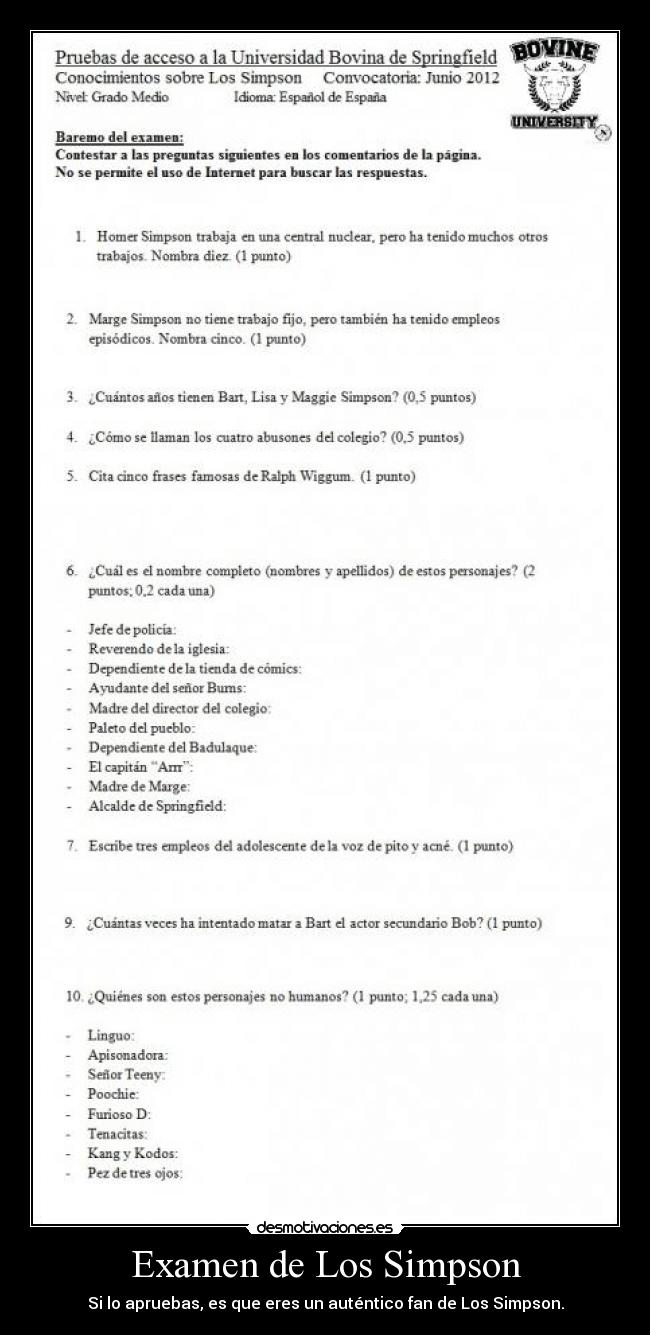 Examen de Los Simpson - Si lo apruebas, es que eres un auténtico fan de Los Simpson.