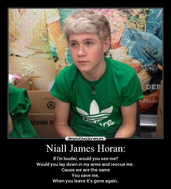 Niall James Horan: - If Im louder, would you see me?
Would you lay down in my arms and rescue me..
Cause we are the same
You save me,
When you leave its gone again..