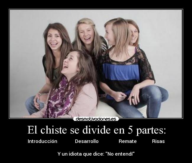 El chiste se divide en 5 partes: - Introducción               Desarrollo                 Remate             Risas

Y un idiota que dice: No entendí