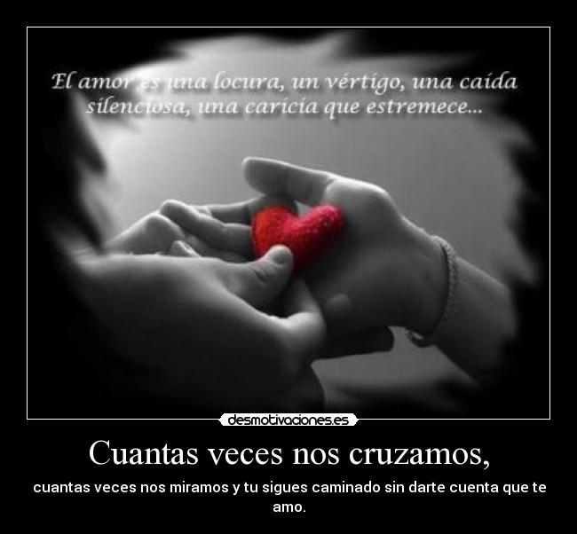 Cuantas veces nos cruzamos, - cuantas veces nos miramos y tu sigues caminado sin darte cuenta que te amo.♥