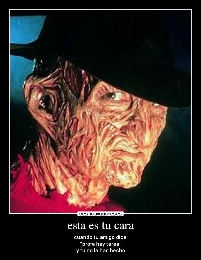 esta es tu cara - cuando tu amigo dice:
profe hay tarea
y tu no la has hecho
