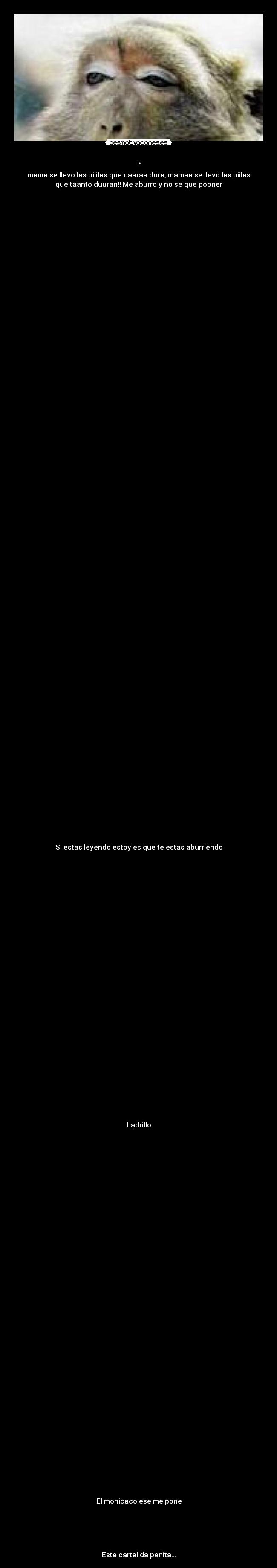 . - mama se llevo las piiilas que caaraa dura, mamaa se llevo las piilas
que taanto duuran!! Me aburro y no se que pooner









































































Si estas leyendo estoy es que te estas aburriendo






























Ladrillo









































El monicaco ese me pone





Este cartel da penita...