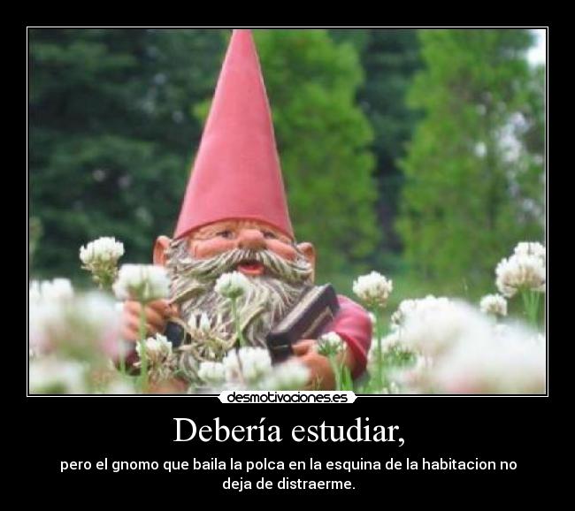 Debería estudiar, - pero el gnomo que baila la polca en la esquina de la habitacion no deja de distraerme.