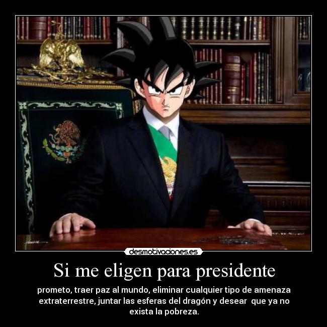 Si me eligen para presidente - prometo, traer paz al mundo, eliminar cualquier tipo de amenaza
extraterrestre, juntar las esferas del dragón y desear  que ya no
exista la pobreza.