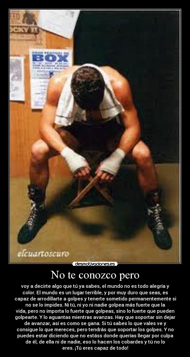 No te conozco pero - voy a decirte algo que tú ya sabes, el mundo no es todo alegría y
color. El mundo es un lugar terrible, y por muy duro que seas, es
capaz de arrodillarte a golpes y tenerte sometido permanentemente si
no se lo impides. Ni tú, ni yo ni nadie golpea más fuerte que la
vida, pero no importa lo fuerte que golpeas, sino lo fuerte que pueden
golpearte. Y lo aguantas mientras avanzas. Hay que soportar sin dejar
de avanzar, así es como se gana. Si tú sabes lo que vales ve y
consigue lo que mereces, pero tendrás que soportar los golpes. Y no
puedes estar diciendo que no estáss donde querías llegar por culpa
de él, de ella ni de nadie, eso lo hacen los cobardes y tú no lo
eres. ¡Tú eres capaz de todo!