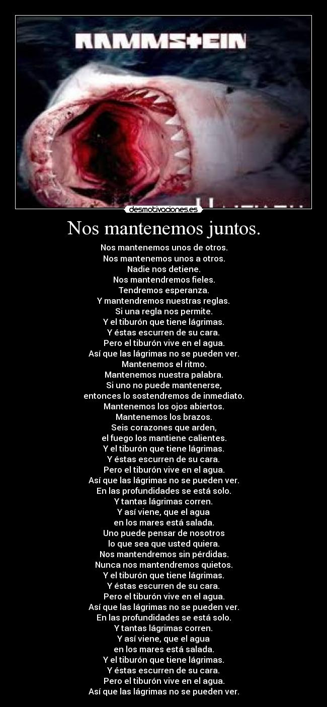 Nos mantenemos juntos. - Nos mantenemos unos de otros.
Nos mantenemos unos a otros.
Nadie nos detiene.
Nos mantendremos fieles.
Tendremos esperanza.
Y mantendremos nuestras reglas.
Si una regla nos permite.
Y el tiburón que tiene lágrimas.
Y éstas escurren de su cara.
Pero el tiburón vive en el agua.
Así que las lágrimas no se pueden ver.
Mantenemos el ritmo.
Mantenemos nuestra palabra.
Si uno no puede mantenerse,
entonces lo sostendremos de inmediato.
Mantenemos los ojos abiertos.
Mantenemos los brazos.
Seis corazones que arden,
el fuego los mantiene calientes.
Y el tiburón que tiene lágrimas.
Y éstas escurren de su cara.
Pero el tiburón vive en el agua.
Así que las lágrimas no se pueden ver.
En las profundidades se está solo.
Y tantas lágrimas corren.
Y así viene, que el agua
en los mares está salada.
Uno puede pensar de nosotros
lo que sea que usted quiera.
Nos mantendremos sin pérdidas.
Nunca nos mantendremos quietos.
Y el tiburón que tiene lágrimas.
Y éstas escurren de su cara.
Pero el tiburón vive en el agua.
Así que las lágrimas no se pueden ver.
En las profundidades se está solo.
Y tantas lágrimas corren.
Y así viene, que el agua
en los mares está salada.
Y el tiburón que tiene lágrimas.
Y éstas escurren de su cara.
Pero el tiburón vive en el agua.
Así que las lágrimas no se pueden ver.