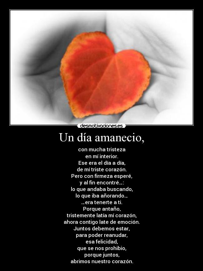 Un día amanecio, - con mucha tristeza
en mí interior.
Ese era el día a día,
de mí triste corazón.
Pero con firmeza esperé,
y al fin encontré…:
lo que andaba buscando,
lo que iba añorando…
…era tenerte a ti.
Porque antaño,
tristemente latía mí corazón,
ahora contigo late de emoción.
Juntos debemos estar,
para poder reanudar,
esa felicidad,
que se nos prohibio,
porque juntos,
abrimos nuestro corazón.