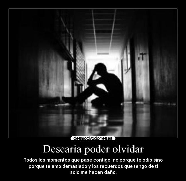 Desearia poder olvidar - Todos los momentos que pase contigo, no porque te odio sino
porque te amo demasiado y los recuerdos que tengo de ti
solo me hacen daño.
