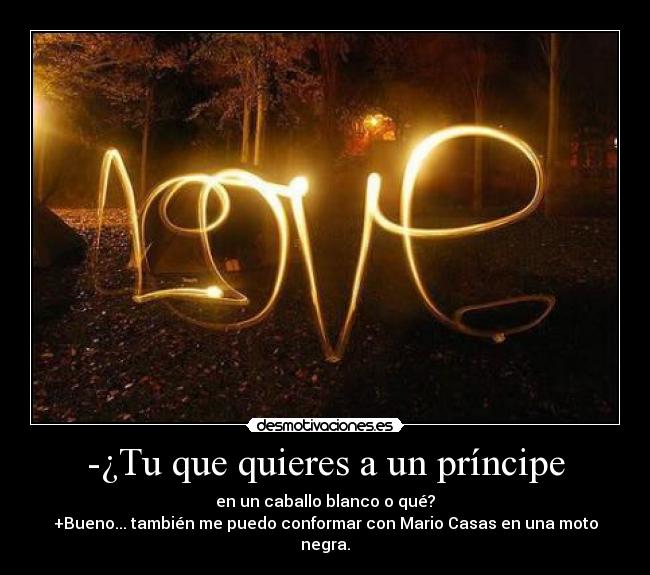 -¿Tu que quieres a un príncipe - en un caballo blanco o qué?
+Bueno... también me puedo conformar con Mario Casas en una moto negra.