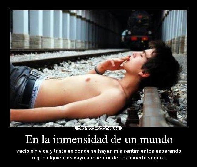 En la inmensidad de un mundo - vacío,sin vida y triste,es donde se hayan mis sentimientos esperando
a que alguien los vaya a rescatar de una muerte segura.