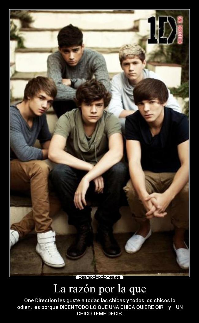 La razón por la que - One Direction les guste a todas las chicas y todos los chicos lo
odien, es porque DICEN TODO LO QUE UNA CHICA QUIERE OIR y UN
CHICO TEME DECIR.