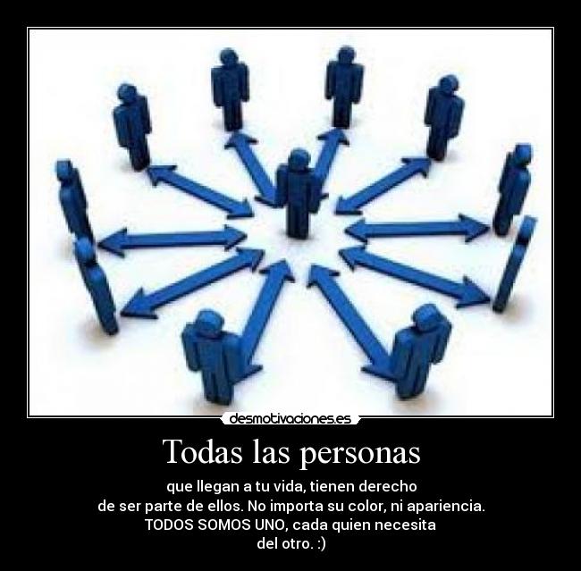 Todas las personas - que llegan a tu vida, tienen derecho
de ser parte de ellos. No importa su color, ni apariencia.
TODOS SOMOS UNO, cada quien necesita
del otro. :)