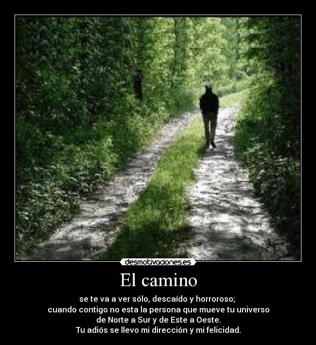 El camino - se te va a ver sólo, descaído y horroroso; 
cuando contigo no esta la persona que mueve tu universo
de Norte a Sur y de Este a Oeste.
Tu adiós se llevo mi dirección y mi felicidad.
