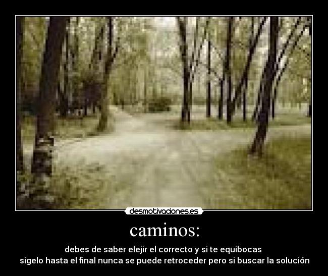 caminos: - debes de saber elejir el correcto y si te equibocas 
sigelo hasta el final nunca se puede retroceder pero si buscar la solución