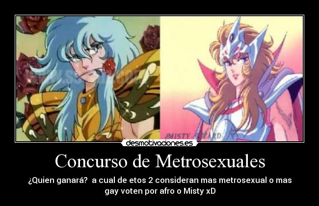 Concurso de Metrosexuales - ¿Quien ganará? a cual de etos 2 consideran mas metrosexual o mas
gay voten por afro o Misty xD