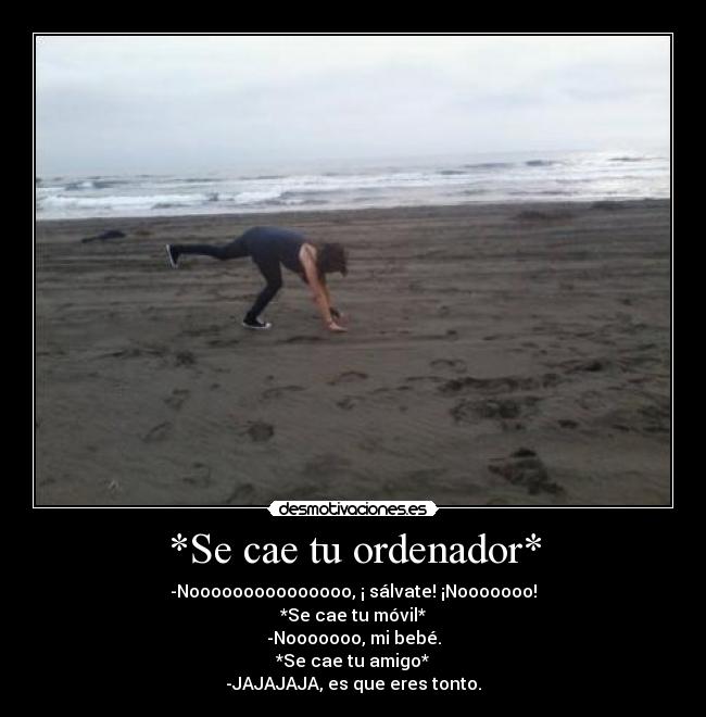 *Se cae tu ordenador* - -Nooooooooooooooo, ¡ sálvate! ¡Nooooooo!
*Se cae tu móvil*
-Nooooooo, mi bebé.
*Se cae tu amigo*
-JAJAJAJA, es que eres tonto.