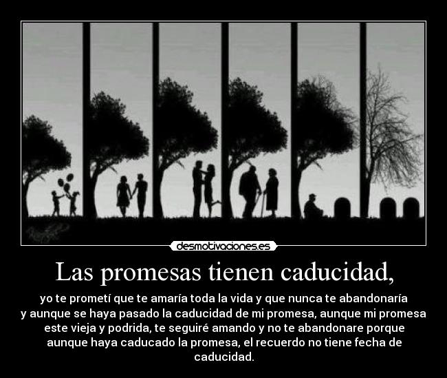 Las promesas tienen caducidad, - yo te prometí que te amaría toda la vida y que nunca te abandonaría
y aunque se haya pasado la caducidad de mi promesa, aunque mi promesa
este vieja y podrida, te seguiré amando y no te abandonare porque
aunque haya caducado la promesa, el recuerdo no tiene fecha de
caducidad.