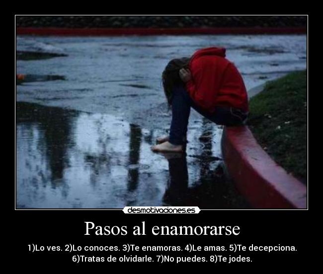 Pasos al enamorarse - 1)Lo ves. 2)Lo conoces. 3)Te enamoras. 4)Le amas. 5)Te decepciona.
6)Tratas de olvidarle. 7)No puedes. 8)Te jodes.