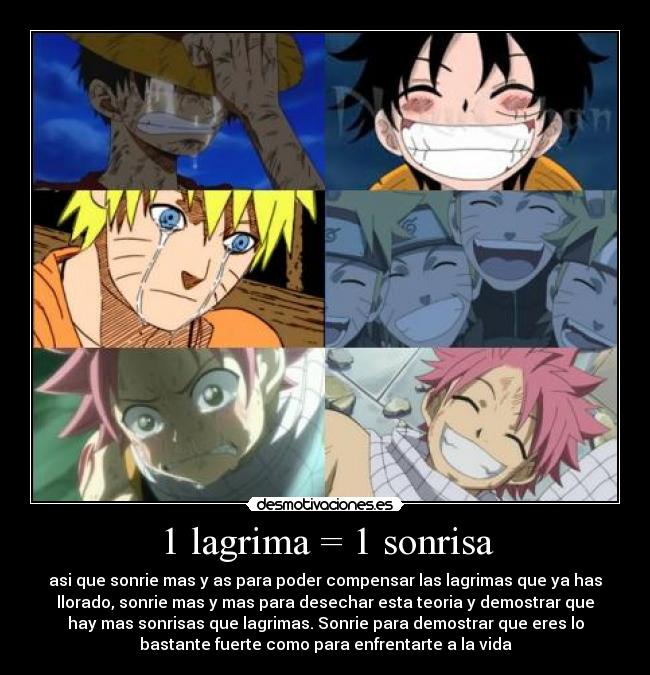 1 lagrima = 1 sonrisa - asi que sonrie mas y as para poder compensar las lagrimas que ya has
llorado, sonrie mas y mas para desechar esta teoria y demostrar que
hay mas sonrisas que lagrimas. Sonrie para demostrar que eres lo
bastante fuerte como para enfrentarte a la vida