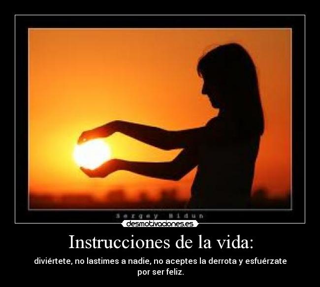Instrucciones de la vida: - diviértete, no lastimes a nadie, no aceptes la derrota y esfuérzate por ser feliz.