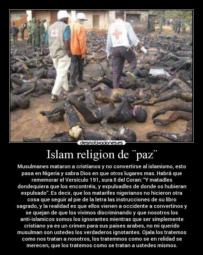 Islam religion de ¨paz¨ - Musulmanes mataron a cristianos y no convertirse al islamismo, esto
pasa en Nigeria y sabra Dios en que otros lugares mas. Habrá que
rememorar el Versículo 191, sura II del Coran: “Y matadles
dondequiera que los encontréis, y expulsadles de donde os hubieran
expulsado”. Es decir, que los matarifes nigerianos no hicieron otra
cosa que seguir al pie de la letra las instrucciones de su libro
sagrado, y la realidad es que ellos vienen a occidente a convertinos y
se quejan de que los vivimos discriminando y que nosotros los
anti-islamicos somos los ignorantes mientras que ser simplemente
cristiano ya es un crimen para sus paises arabes, no mi querido
musulman son ustedes los verdaderos ignotantes. Ojala los tratemos
como nos tratan a nosotros, los tratemmos como se en relidad se
merecen, que los tratemos como se tratan a ustedes mismos.