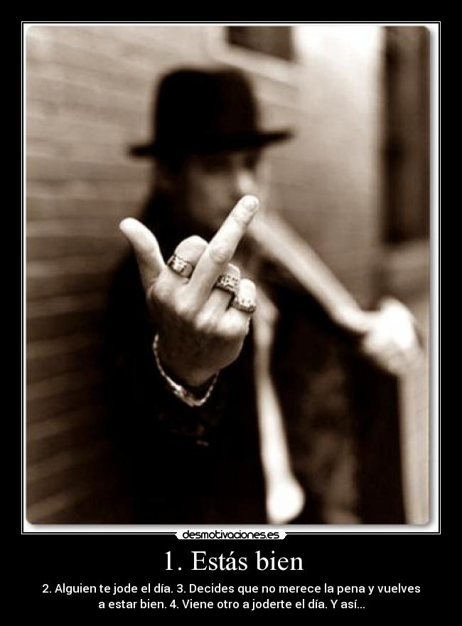 1. Estás bien - 2. Alguien te jode el día. 3. Decides que no merece la pena y vuelves
a estar bien. 4. Viene otro a joderte el día. Y así...