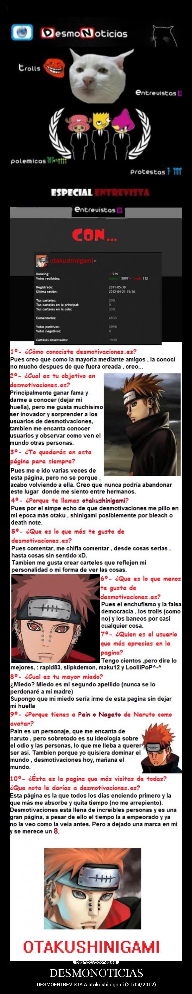 carteles otakushinigami desmonoticias desmoentrevista molaxd pain nagato desmotivaciones