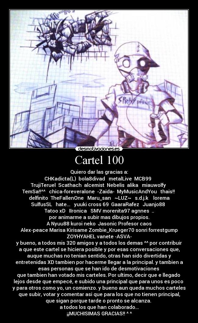 Cartel 100 - Quiero dar las gracias a:
CHKadicta(L)  bola8divad   metalLive  MCB99  
TrujiTeruel  Scathach  alcemist  Nebelis  alika   miauwolfy 
TemSa!!^^   chica-foreveralone  -Zaida-  MyMusicAndYou   thais!! 
delfinito  TheFallenOne   Maru_san   ~LUZ~   s.d.j.k    lorema
SulfusSL   hate...   yuuki cross 69  GaaraRafez   Juanjo88  
Tatoo xD   IIronica   SMV morenita97 agnnes  ..
por animarme a subir mas dibujos propios.
A Nyuu88 kuroi neko  Jasonic Profesor caos
Alex-peace Marisa Kirisame Zombie_Krueger70 sonri forrestgump
ZOYHYAHEL vanete -ASVA-
y bueno, a todos mis 320 amigos y a todos los demas ^^ por contribuir
a que este cartel se hiciera posible y por esas conversaciones que,
auque muchas no tenian sentido, otras han sido divertidas y
entretenidas XD tambien por hacerme llegar a la principal. y tambien a
esas personas que se han ido de desmotivaciones 
que tambien han votado mis carteles. Por ultimo, decir que e llegado 
lejos desde que empecé, e subido una principal que para unos es poco 
y para otros como yo, un comienzo. y bueno aun queda muchos carteles
que subir, votar y comentar asi que para los que no tienen principal,
que sigan porque tarde o pronto se alcanza. 
a todos los que han colaborado...
¡¡MUCHISIMAS GRACIAS!! ^ ^